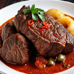 A visually appealing image of Sishwala, a popular meat dish from Eswatini, featuring tender beef seasoned with local spices, cooked to perfection, served hot, and presented in a way that highlights its savory and spicy flavors.