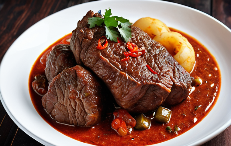A visually appealing image of Sishwala, a popular meat dish from Eswatini, featuring tender beef seasoned with local spices, cooked to perfection, served hot, and presented in a way that highlights its savory and spicy flavors.