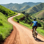**A cyclist riding a bicycle on a winding dirt road through the lush, green hills of Eswatini. In the background, rolling hills and valleys stretch out under a bright sky. Focus on the sense of adventure and freedom.**