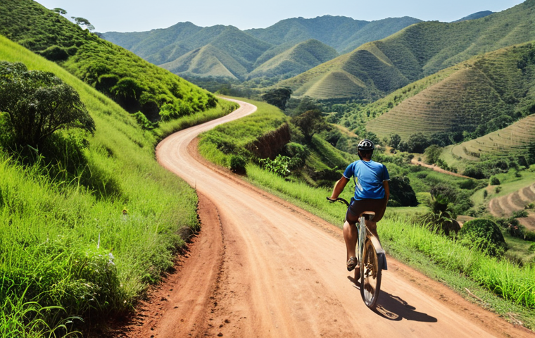 **A cyclist riding a bicycle on a winding dirt road through the lush, green hills of Eswatini. In the background, rolling hills and valleys stretch out under a bright sky. Focus on the sense of adventure and freedom.**