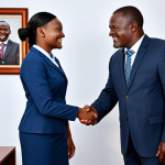 에스와티니의 사업 문화 - **
A confident businesswoman in Eswatini, fully clothed in a modest skirt suit, shaking hands with ...