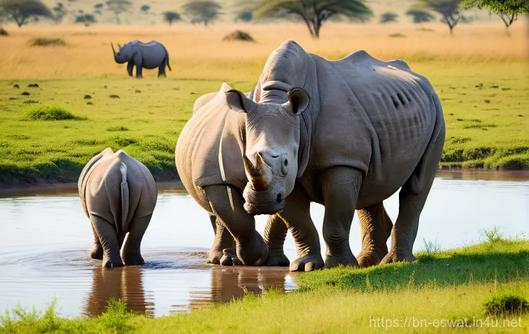 에스와티니에서 사파리 체험하기 - Majestic Wildlife Encounter in Mkhaya Game Reserve**
A serene, wide-angle shot of two majestic white...