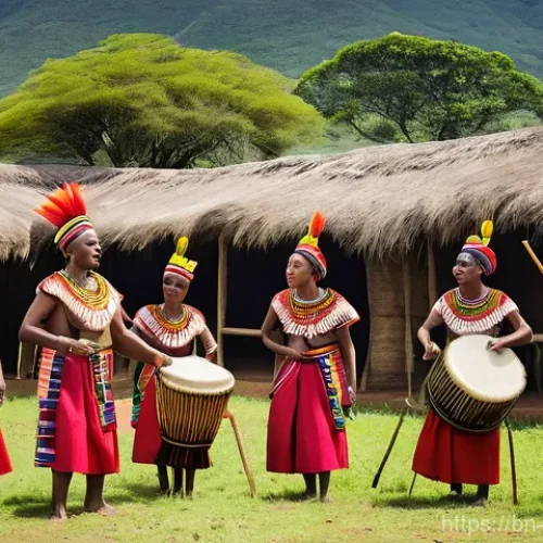 Home 26 에스와티니에서 인기 있는 노래와 장르 - **Prompt:** A vibrant Eswatini (Swaziland) traditional festival scene. Focus on a group of diverse p...