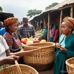 에스와티니의 노동 문화와 휴가 시스템 - **Prompt:** A vibrant, bustling scene in a traditional Eswatini village market square. Men and women...