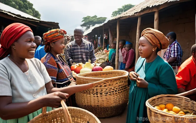 에스와티니의 노동 문화와 휴가 시스템 - **Prompt:** A vibrant, bustling scene in a traditional Eswatini village market square. Men and women...