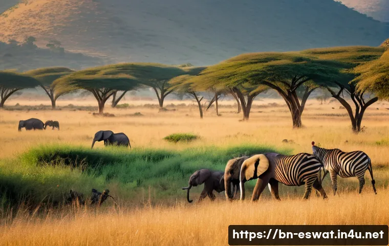 에스와티니 인기 관광지 - **Prompt:** An awe-inspiring aerial view of a vibrant wildlife safari in Eswatini (Swaziland) at daw...